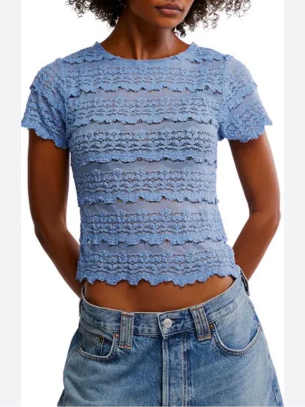 Free People Light Blue Lace Knit Short Sleeve Top